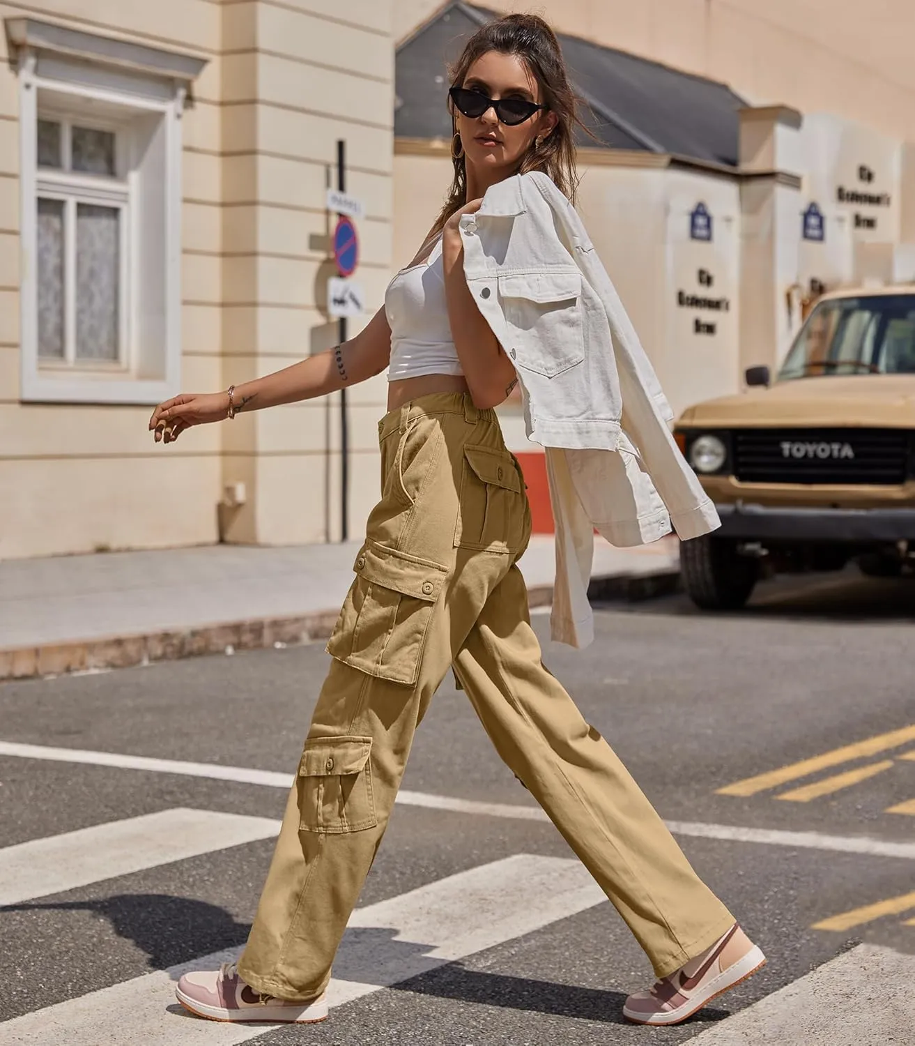 ZMPSIISA Women Pants High Waisted Cargo Pants Combat Military Wide Leg Casual Trousers 8 Pockets