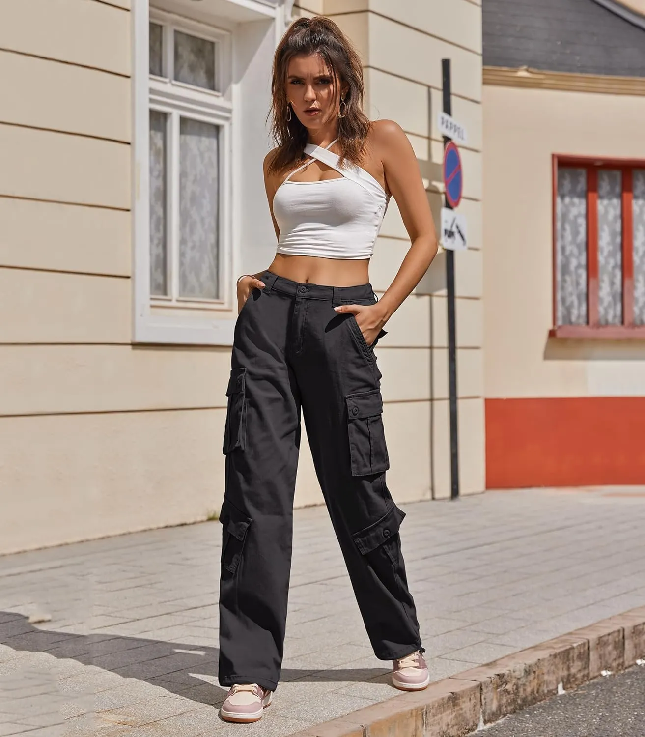 ZMPSIISA Women Pants High Waisted Cargo Pants Combat Military Wide Leg Casual Trousers 8 Pockets