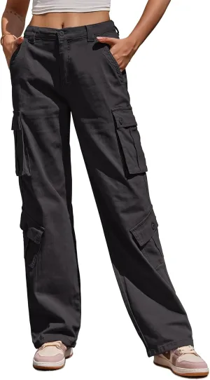 ZMPSIISA Women Pants High Waisted Cargo Pants Combat Military Wide Leg Casual Trousers 8 Pockets