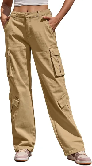 ZMPSIISA Women Pants High Waisted Cargo Pants Combat Military Wide Leg Casual Trousers 8 Pockets