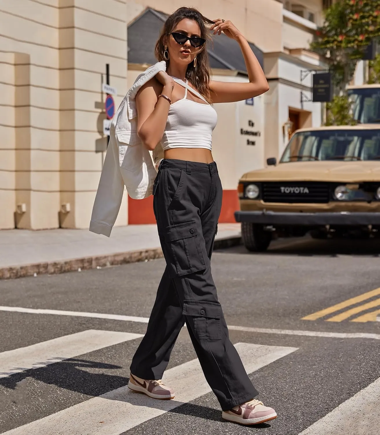 ZMPSIISA Women Pants High Waisted Cargo Pants Combat Military Wide Leg Casual Trousers 8 Pockets