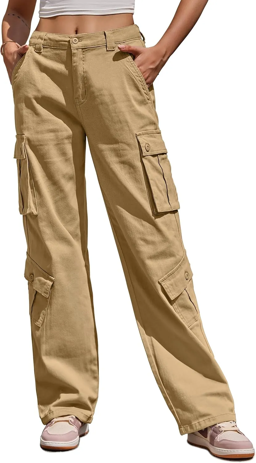 ZMPSIISA Women Pants High Waisted Cargo Pants Combat Military Wide Leg Casual Trousers 8 Pockets
