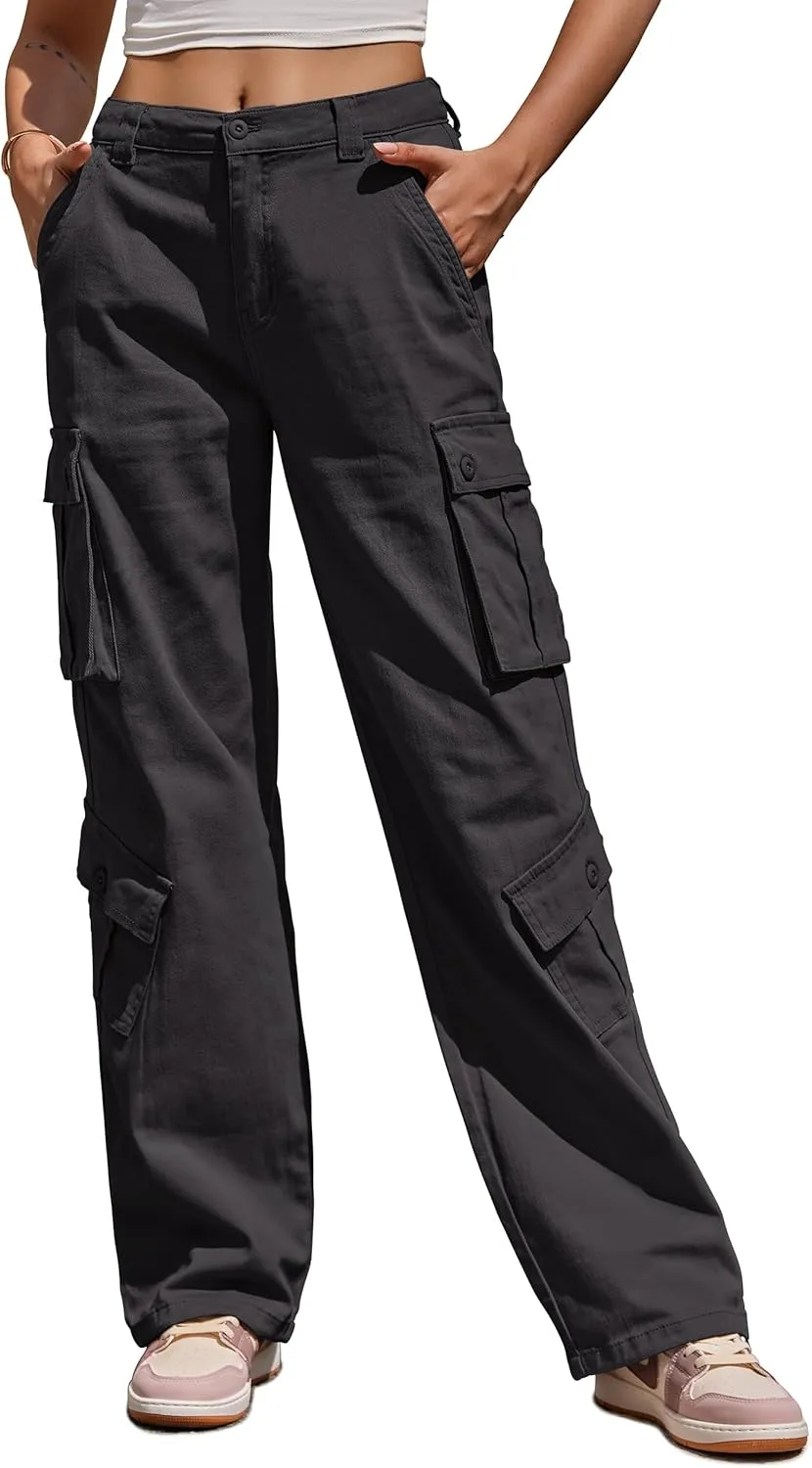 ZMPSIISA Women Pants High Waisted Cargo Pants Combat Military Wide Leg Casual Trousers 8 Pockets