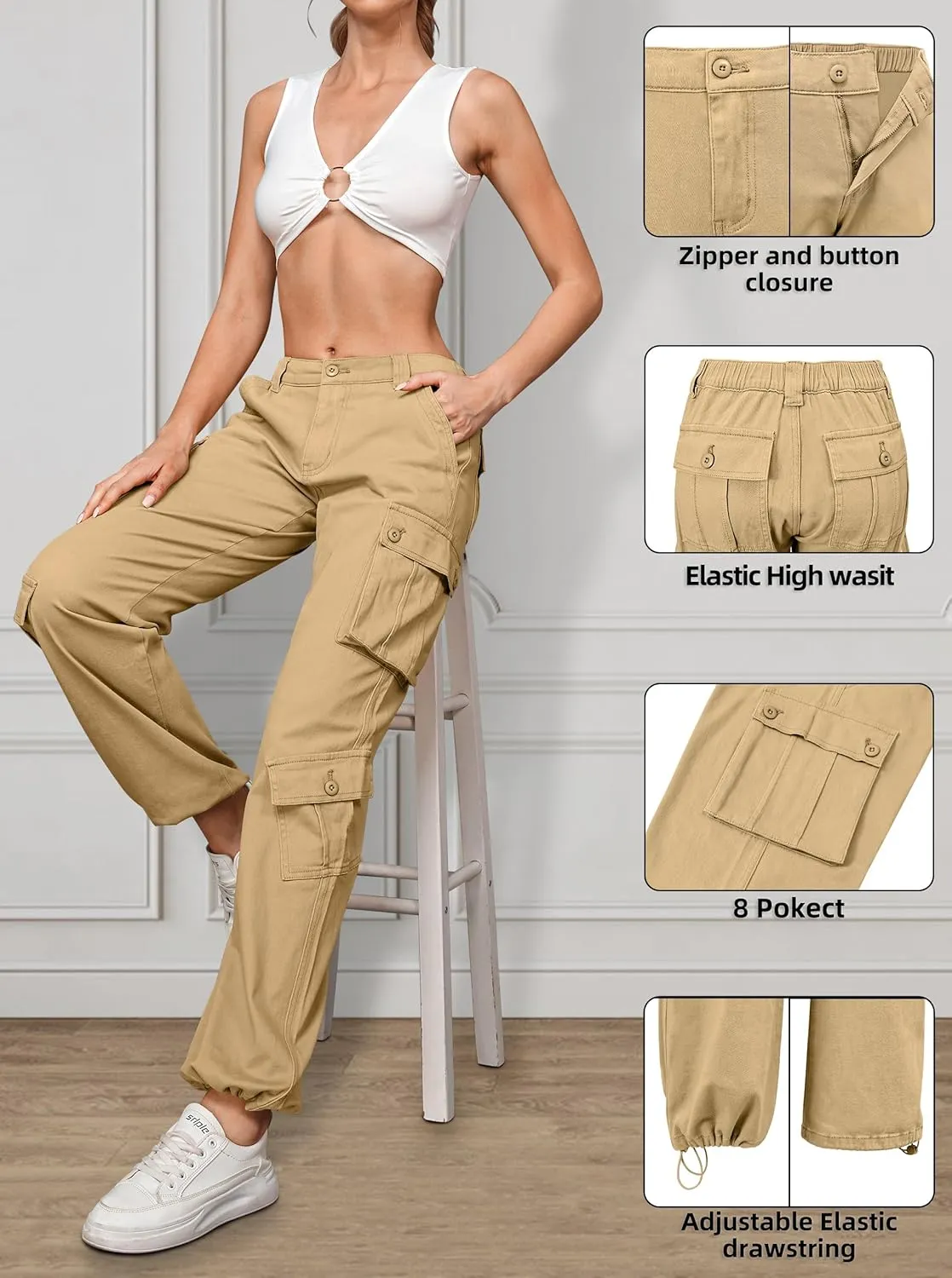 ZMPSIISA Women Pants High Waisted Cargo Pants Combat Military Wide Leg Casual Trousers 8 Pockets
