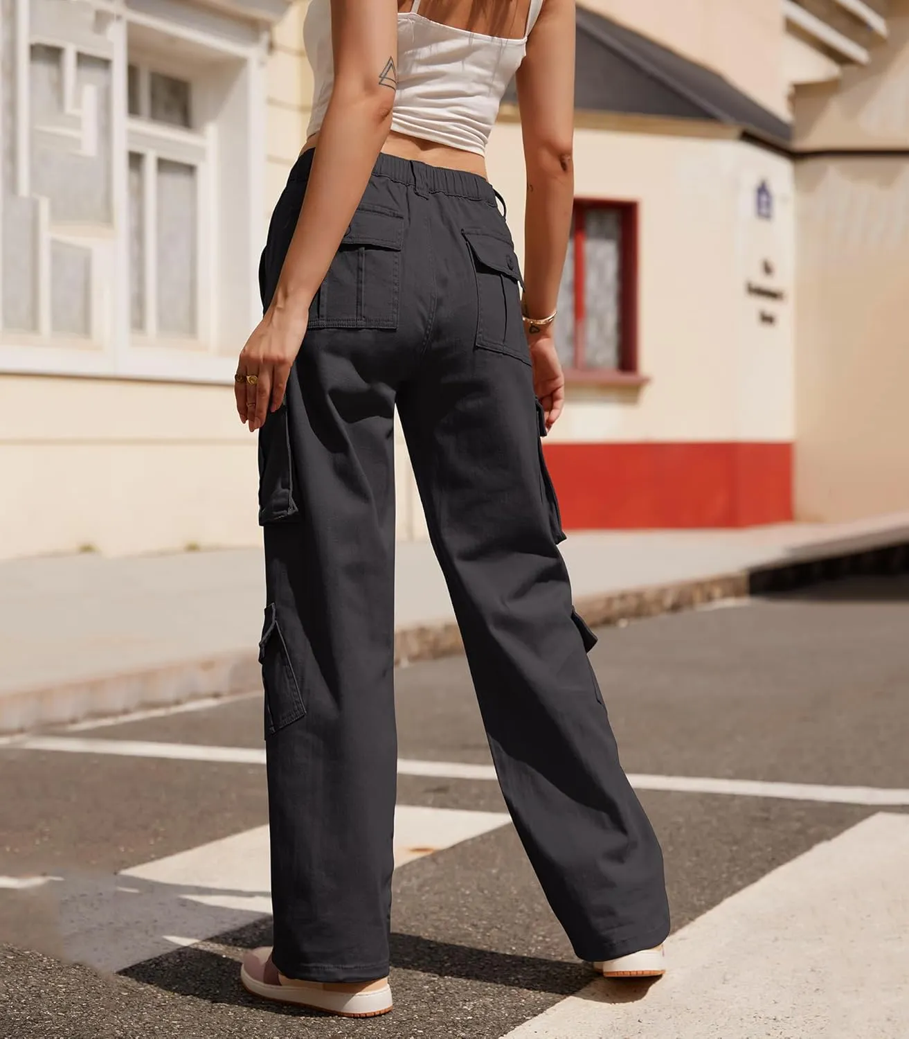 ZMPSIISA Women Pants High Waisted Cargo Pants Combat Military Wide Leg Casual Trousers 8 Pockets