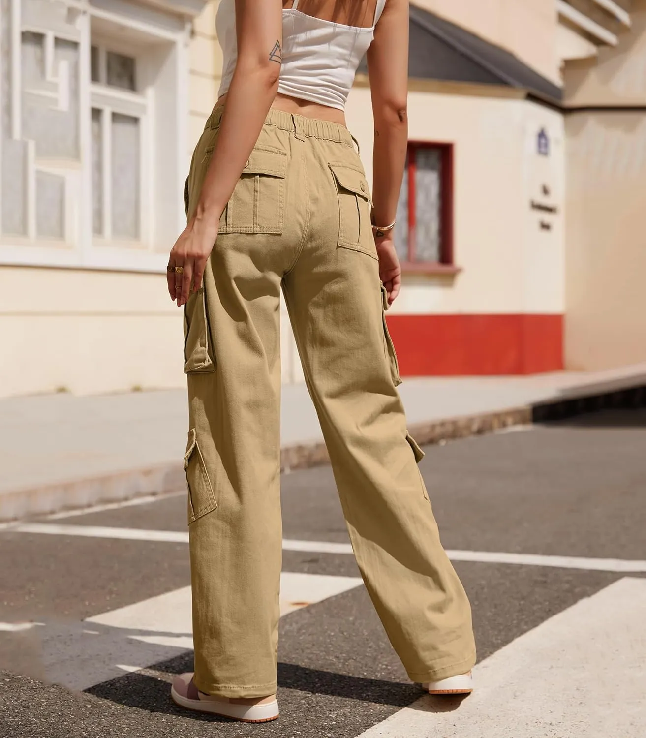 ZMPSIISA Women Pants High Waisted Cargo Pants Combat Military Wide Leg Casual Trousers 8 Pockets
