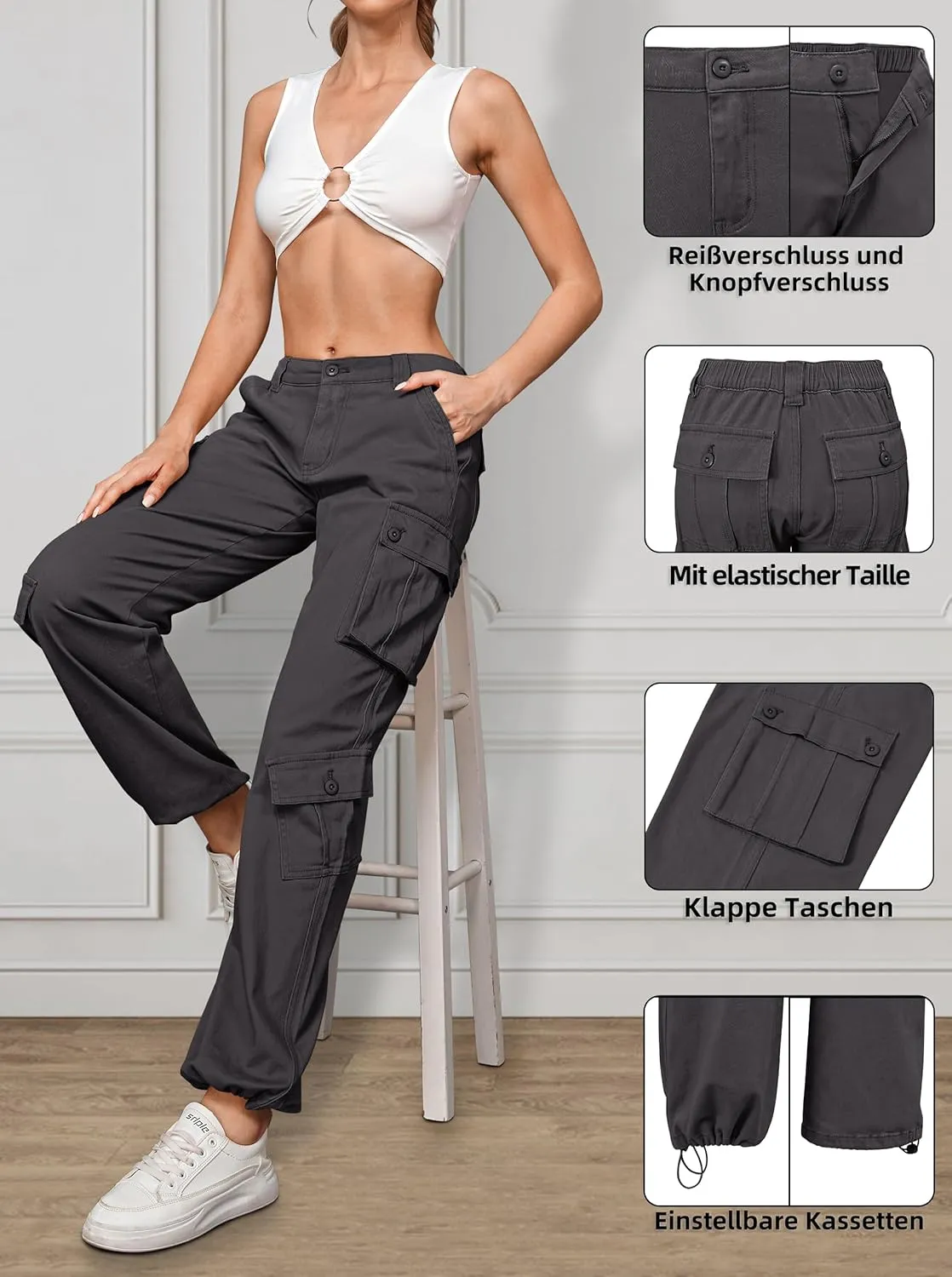 ZMPSIISA Women Pants High Waisted Cargo Pants Combat Military Wide Leg Casual Trousers 8 Pockets