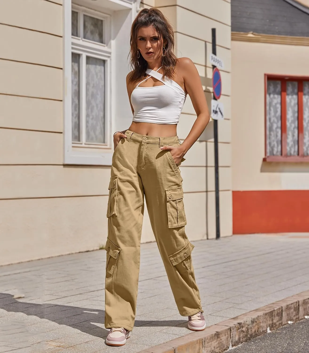 ZMPSIISA Women Pants High Waisted Cargo Pants Combat Military Wide Leg Casual Trousers 8 Pockets