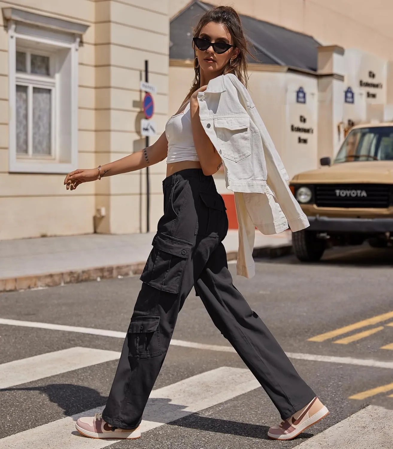 ZMPSIISA Women Pants High Waisted Cargo Pants Combat Military Wide Leg Casual Trousers 8 Pockets